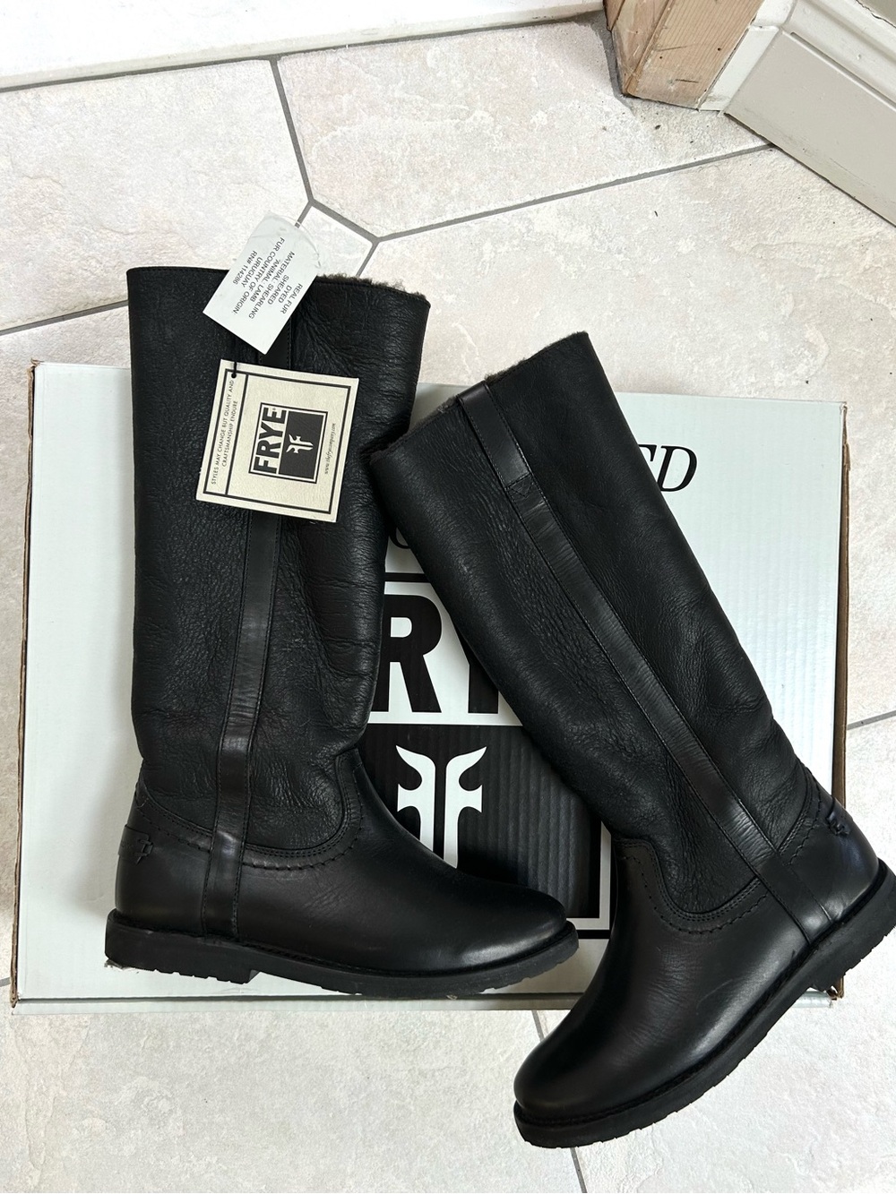 NIB Frye Celia Tall Black Leather Shearling Boots Size 6.5